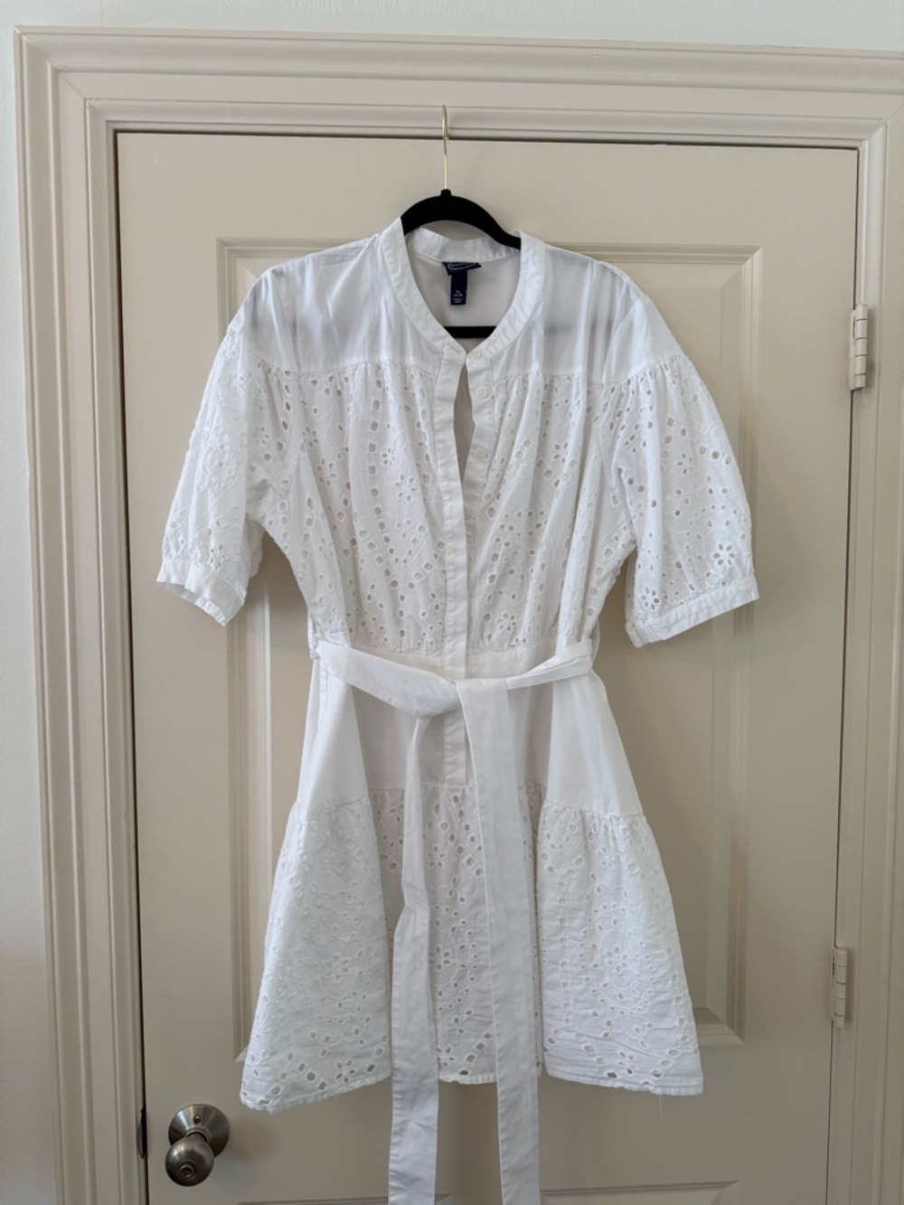 White Eyelet Mini Dress with Self Tie Belt